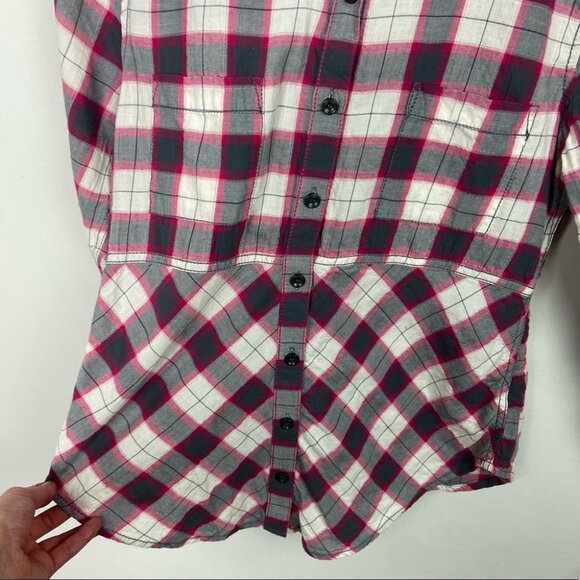 Free People Pink Grey Plaid Button Down Shirt Size XS Long Sleeve Western Boho - Picture 9 of 11